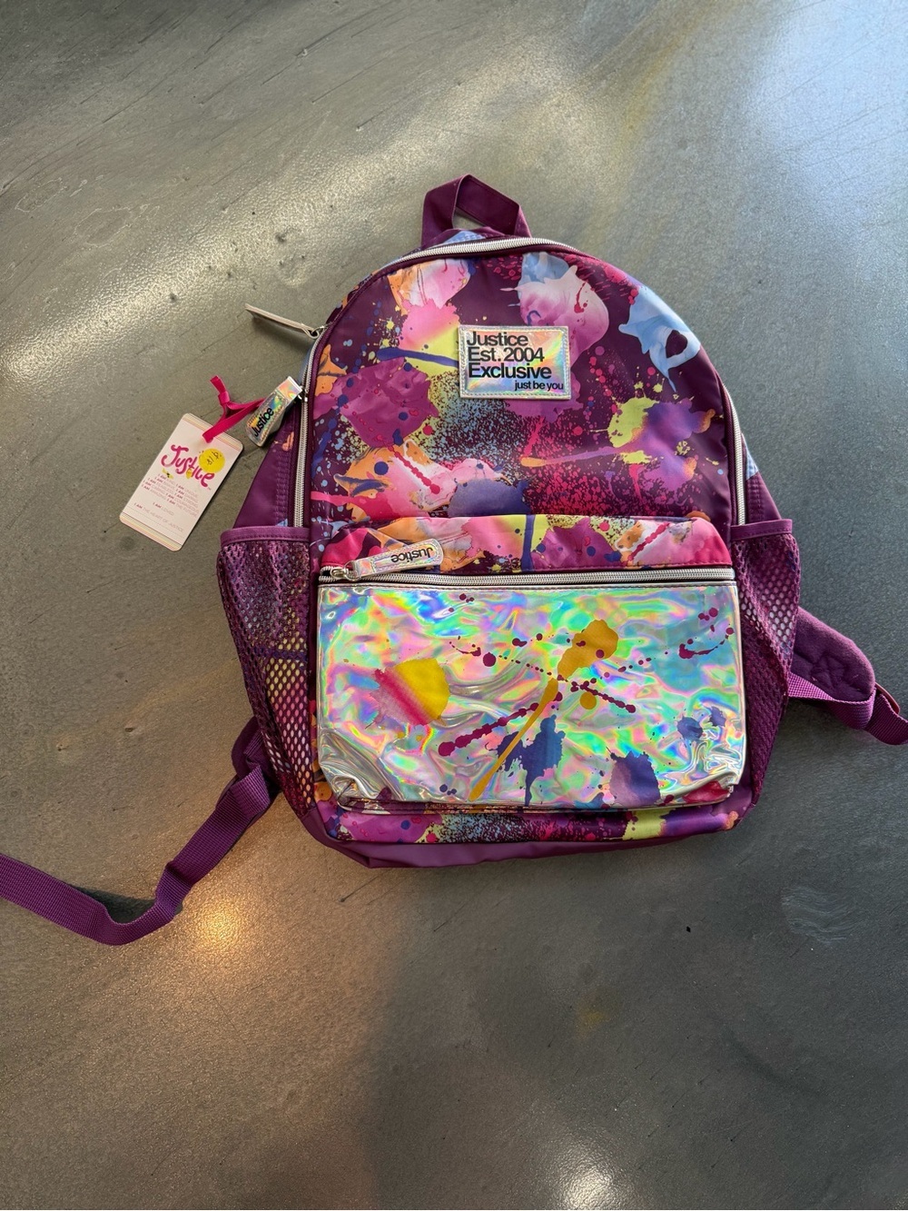 Justice Purple Holographic Paint-Splash Kids Backpack